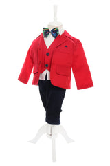 Trusou complet pentru botez de baieti personalizat cu Winnie The Pooh, Trusou brodat, lumanare, costum si pantofiori, rosu-albastru electric, 15 piese, Recostore®, REC2671