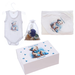 Set prima baita dupa botez cu nasii, body, prosop si saculet cu mirodenii, Model Ursulet, REC3095