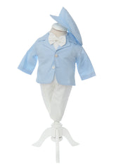 Costum botez baieti, bleu compus din 5 piese, Sacou, Camasa, Pantaloni cu bretele, Papion si Bascuta, REC2602