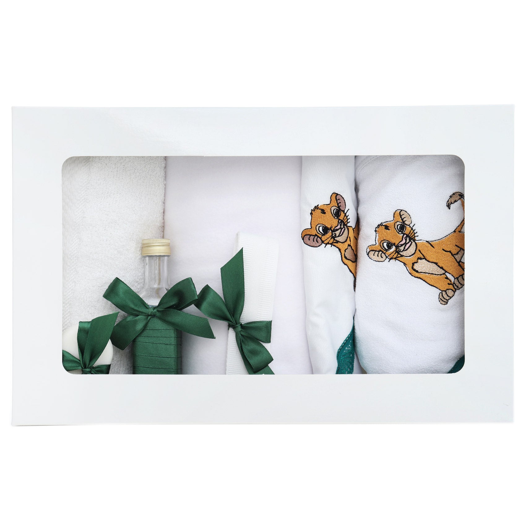 Trusou pentru botez de baieti, Model brodat cu Regele Leu, verde, 7 piese, Recostore®, REC2509