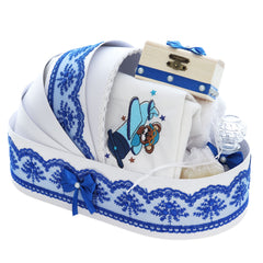 Trusou botez baieti personalizat cu Ursulet, culoare Albastru Electric, Costum, Trusou si Lumanare, REC3239