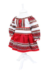 Costum popular, alb-rosu, 3 piese, bluza, fusta, brau, pentru fetite REC5