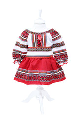 Costum popular, alb-rosu, 3 piese, bluza, fusta, brau, pentru fetite REC5