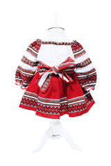 Costum popular, alb-rosu, 3 piese, bluza, fusta, brau, pentru fetite REC5