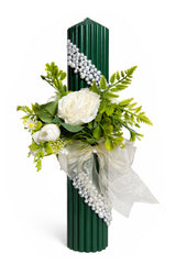 Lumanare verde cu flori artificiale, 35x6 cm, REC5001/53