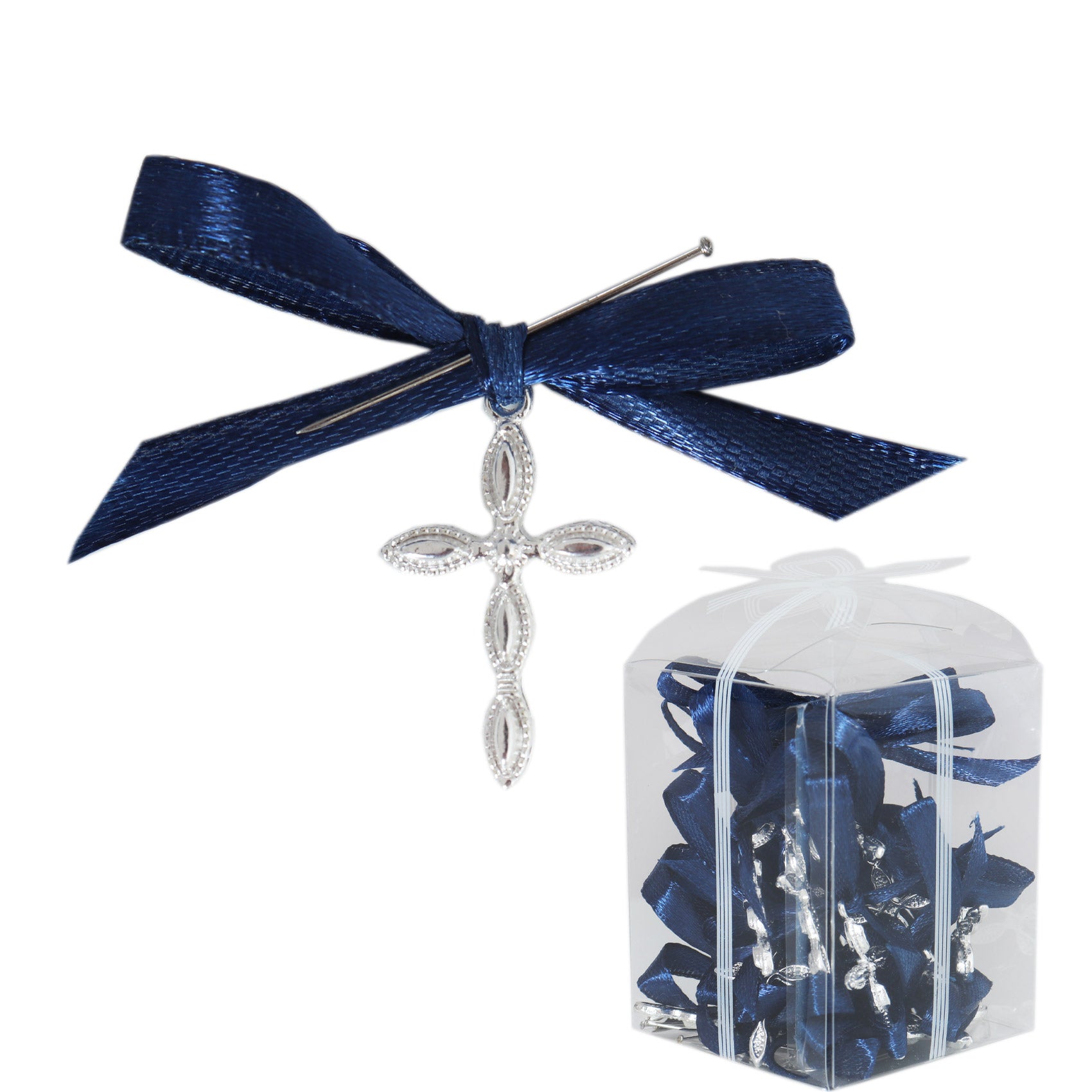 Set 20 marturii, cruciulite biserica din metal cu bolduri si cutiuta, funda bleumarin, REC1968/49