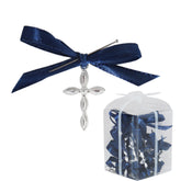 Set 20 marturii, cruciulite biserica din metal cu bolduri si cutiuta, funda bleumarin, REC1968/49