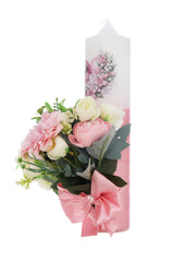 Set botez fata, culoare roz pudrat, trusou, rochie si lumanare cu flori artificiale, cutie pentru amintiri inclusa, REC3200