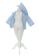 Costum botez baieti, bleu compus din 5 piese, Sacou, Camasa, Pantaloni cu bretele, Papion si Bascuta, REC2602