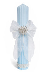 Lumanare bleu cu fundita si perle pentru botez, 35x6 cm, REC5001/54