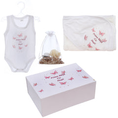 Set prima baita dupa botez cu nasii, body, prosop si saculet cu mirodenii, Model cu Fluturi, REC3099