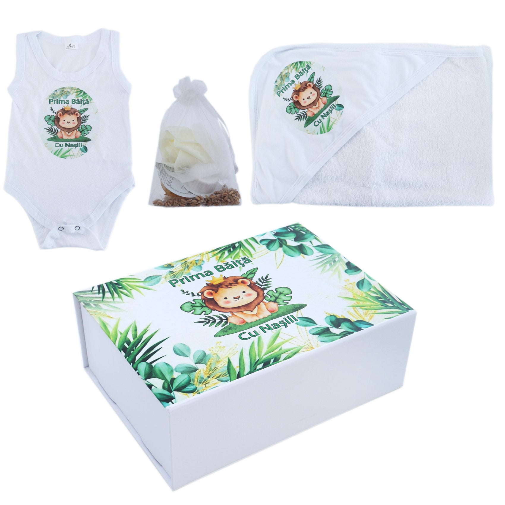 Set prima baita dupa botez cu nasii, body, prosop si saculet cu mirodenii, Safari, REC2551