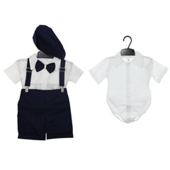 Trusou complet pentru botez de baieti personalizat cu ursulet, costum cu maneca scurta, pantofiori, lumanare si trusou, bleumarin, 13 piese, Recostore®, REC2730