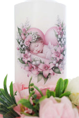 Lumanare botez fete, model Bebelus cu flori artificiale, 30x7 cm, roz pudrat, Recostore®, REC5002/28