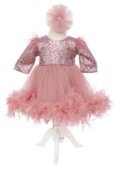 Rochita roz pudrat cu paiete si pene pentru botez de fete, 2 piese, Recostore®, REC2526