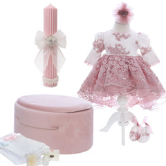 Trusou elegant pentru botez fete, roz pudrat, 13 piese, REC3399