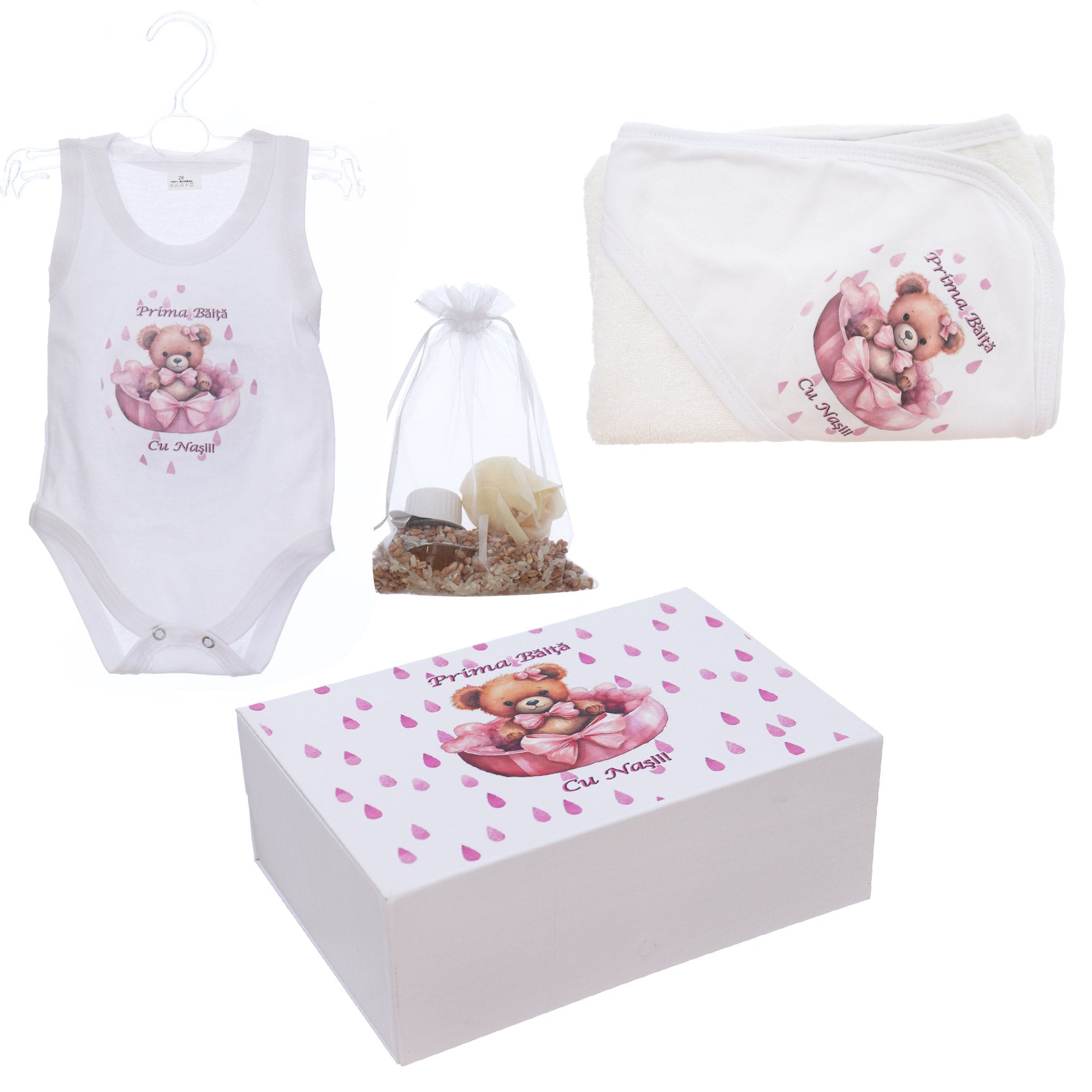 Set prima baita dupa botez cu nasii, body, prosop si saculet cu mirodenii, Model cu Ursulet, REC3101