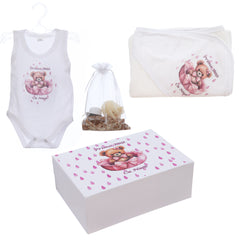 Set prima baita dupa botez cu nasii, body, prosop si saculet cu mirodenii, Model cu Ursulet, REC3101