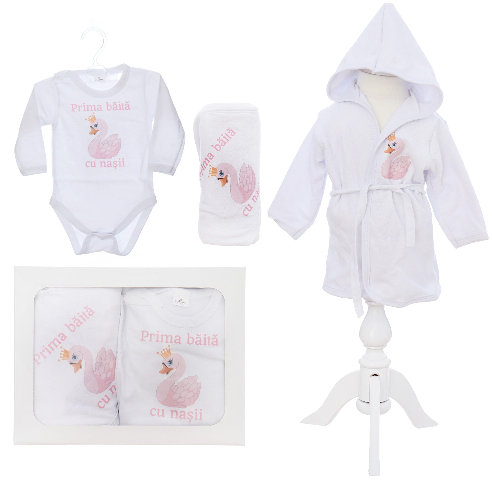 Set pentru prima baita cu nasii, halat, prosop si body, Model cu Lebada, REC3102