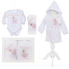 Set pentru prima baita cu nasii, halat, prosop si body, Model cu Lebada, REC3102