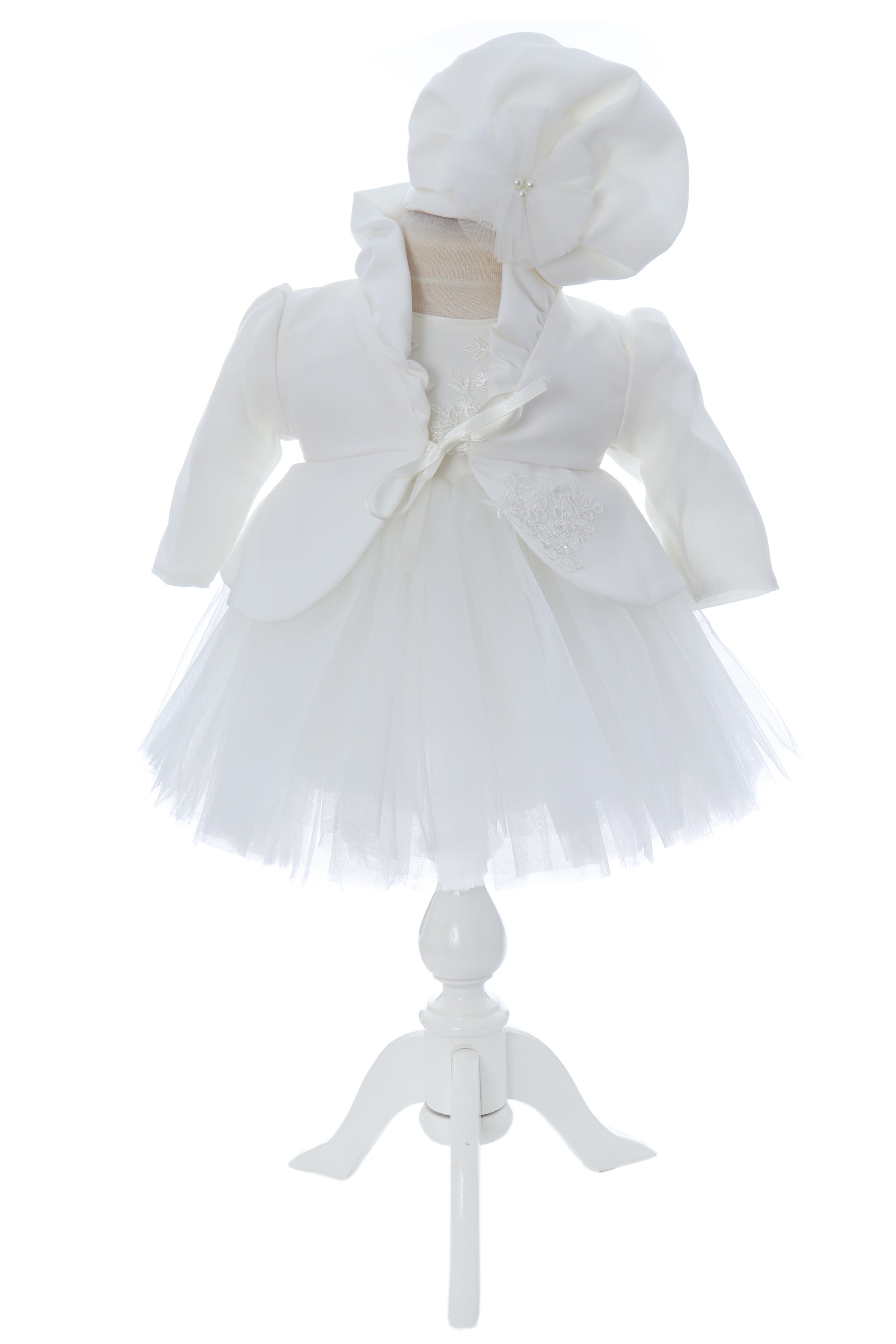 Rochie alba pentru botez, 4 piese, rochie, bolero, turban, pantaloni pentru fetite, REC3050