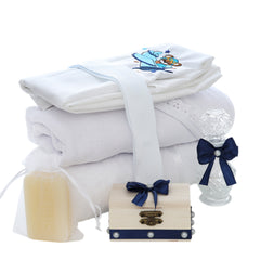 Trusou complet pentru botez de baieti personalizat cu ursulet, costum cu maneca scurta, pantofiori, lumanare si trusou, bleumarin, 14 piese, Recostore®, REC2727