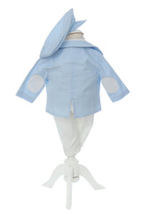 Costum botez baieti, bleu compus din 5 piese, Sacou, Camasa, Pantaloni cu bretele, Papion si Bascuta, REC2602