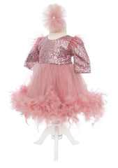 Rochita roz pudrat cu paiete si pene pentru botez de fete, 2 piese, Recostore®, REC2526