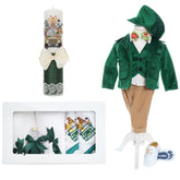 Set trusou complet pentru botez de Baieti, Verde, model Safari, 14 piese, Costum, Lumanare cu Safari, trusou brodat si pantofiori, REC2562