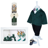 Set trusou complet pentru botez de Baieti, Verde, model Safari, 14 piese, Costum, Lumanare cu Safari, trusou brodat si pantofiori, REC2561