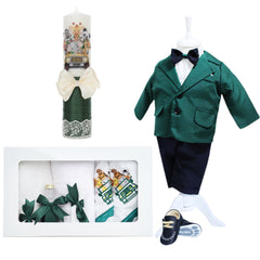 Set trusou complet pentru botez de baieti, verde, model Safari, 14 piese, Costum, Lumanare cu Safari, trusou brodat si pantofiori, REC2570