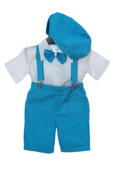 Costum cu maneca scurta pentru botez baieti, turcoaz compus din 4 piese, Pantaloni cu beretele, Camasa tip body, Papion si Bascuta, Recostore®, REC2705