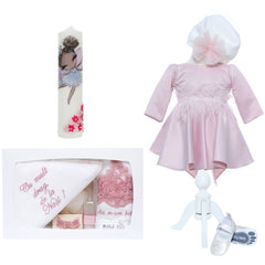 Set trusou complet pentru botez de fete, model Zana, 11 piese, Rochita cu funda la spate, lumanare cu zana, trusou brodat si pantofiori, Recostore®, REC2496