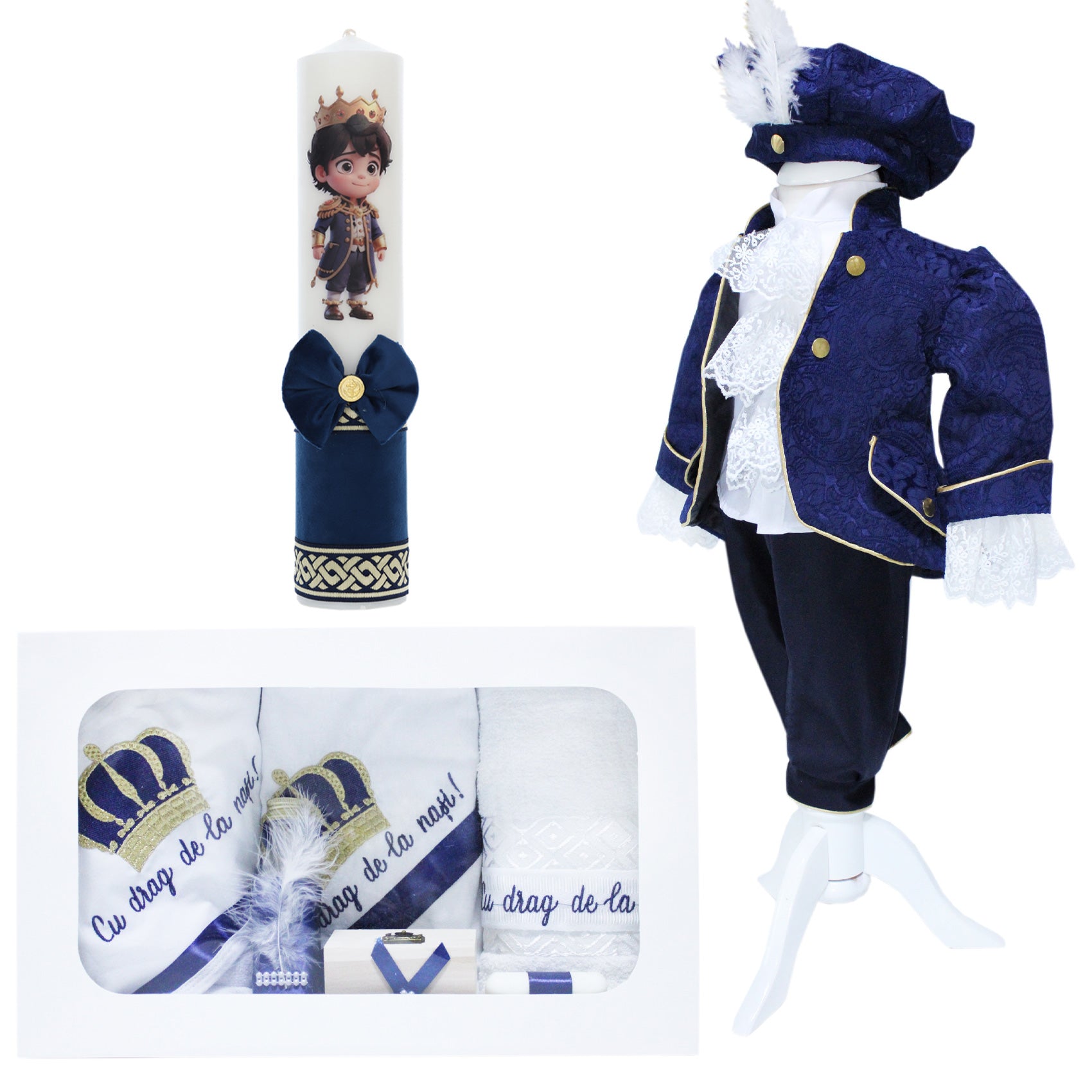 Set trusou complet pentru botez de baieti, Print, 13 piese, costum brocart, lumanare cu print, trusou brodat cu coroana, Recostore®, REC2490
