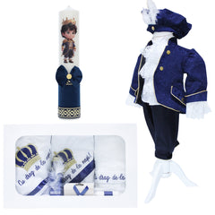 Set trusou complet pentru botez de baieti, Print, 13 piese, costum brocart, lumanare cu print, trusou brodat cu coroana, Recostore®, REC2490