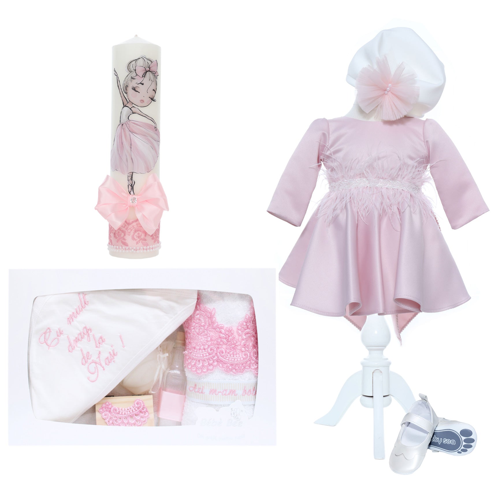 Set trusou complet pentru botez de fete, model Balerina, 11 piese, Rochita cu funda la spate, lumanare cu zana, trusou brodat si pantofiori, Recostore®, REC2497