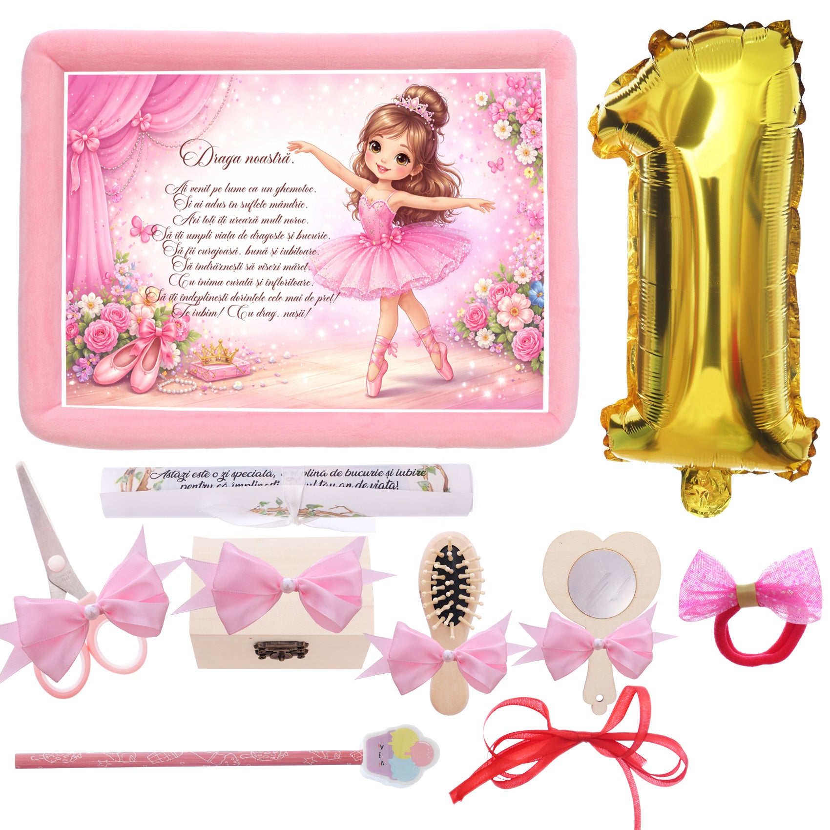 Tava mot fete, aniversare 1 an, model cu balerina, catifea roz, 10 piese, 34x25 cm, REC5011/37