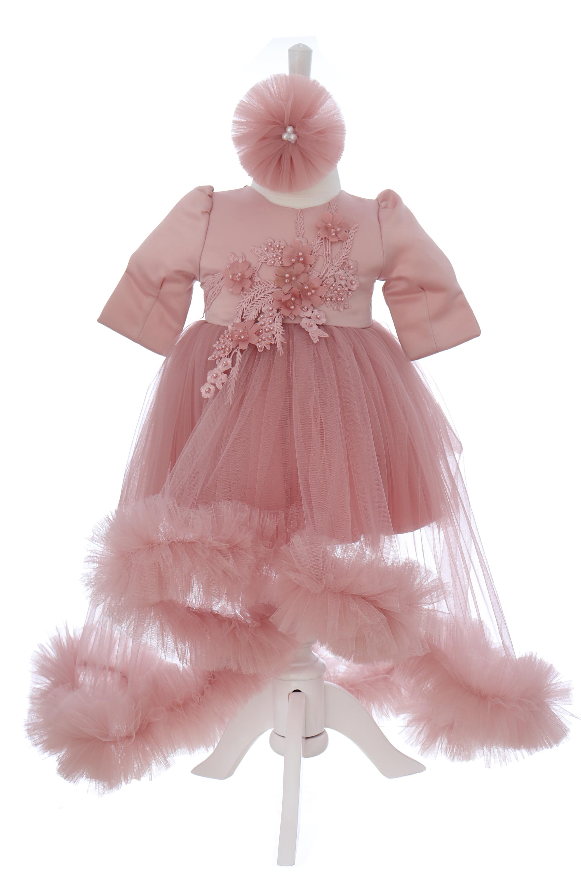 Rochie roz pudrat cu trena si aplicatii decorative, pentru botez, 2 piese, rochie si bentita, RE3057