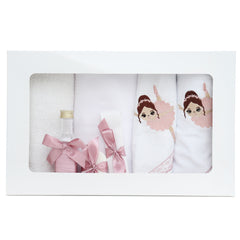 Set trusou complet pentru botez de fete, roz pudrat, model cu Balerina, 11 piese, Rochita, Lumanare cu balerina, trusou Brodat si pantofiori, REC2578