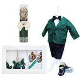 Set trusou complet pentru botez de Baieti, Verde, model Safari, 14 piese, Costum, Lumanare cu Safari, trusou brodat si pantofiori, Recostore®, REC2563