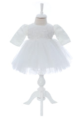 Rochie alba pentru botez, 4 piese, rochie, bolero, turban, pantaloni pentru fetite, REC3050