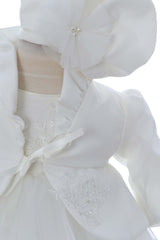 Rochie alba pentru botez, 4 piese, rochie, bolero, turban, pantaloni pentru fetite, REC3050