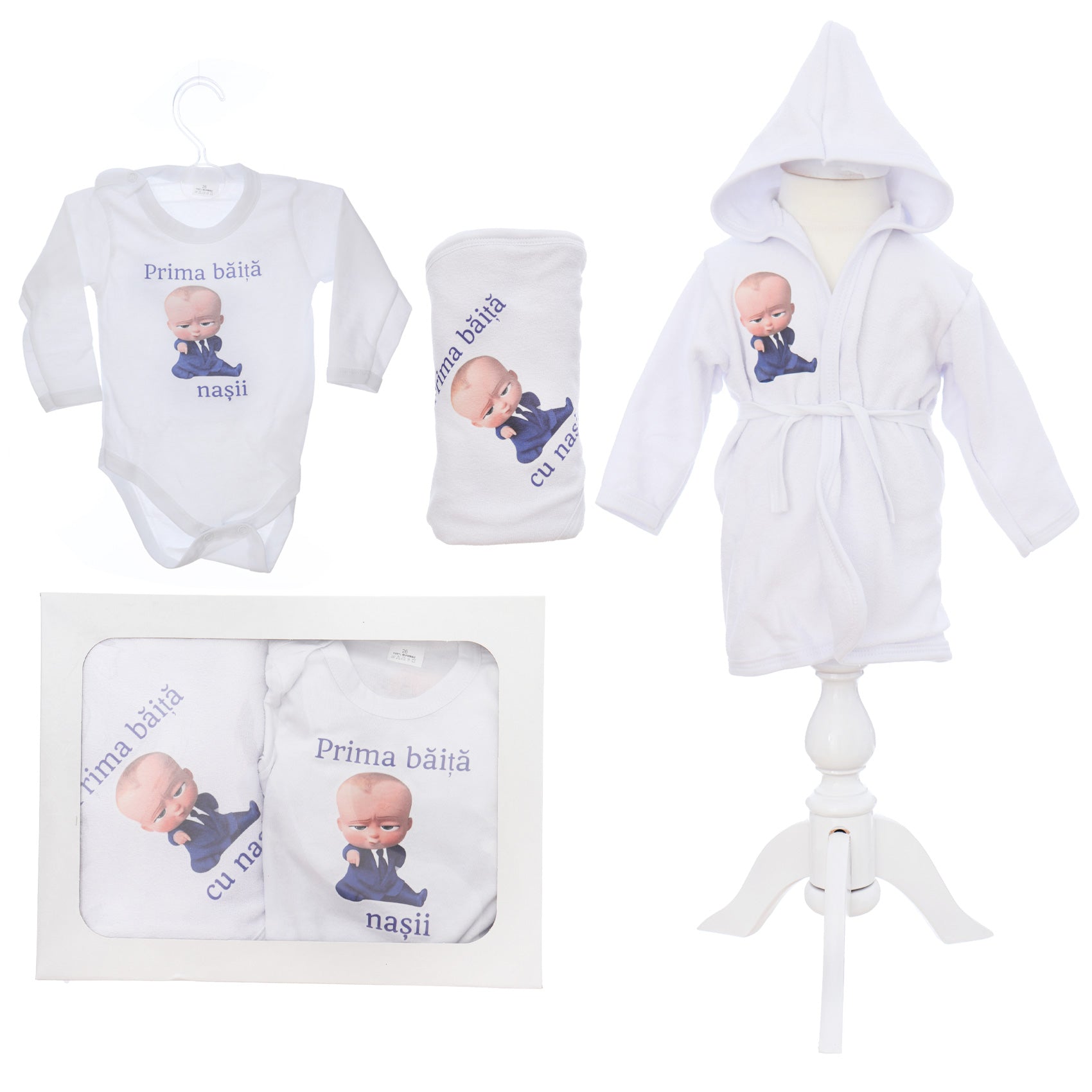 Set pentru prima baita cu nasii, halat, prosop si body, Model Tip Baby Boss, REC3103