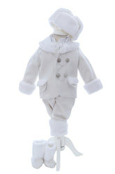 Costum alb din stofa groasa pentru botez, 5 piese, camasa, haina groasa, pantaloni, caciula, botosi, REC3051