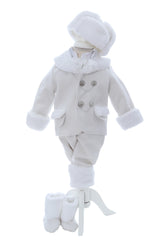 Costum alb din stofa groasa pentru botez, 5 piese, camasa, haina groasa, pantaloni, caciula, botosi, REC3051
