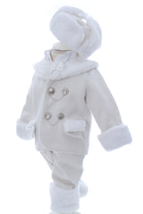 Costum alb din stofa groasa pentru botez, 5 piese, camasa, haina groasa, pantaloni, caciula, botosi, REC3051