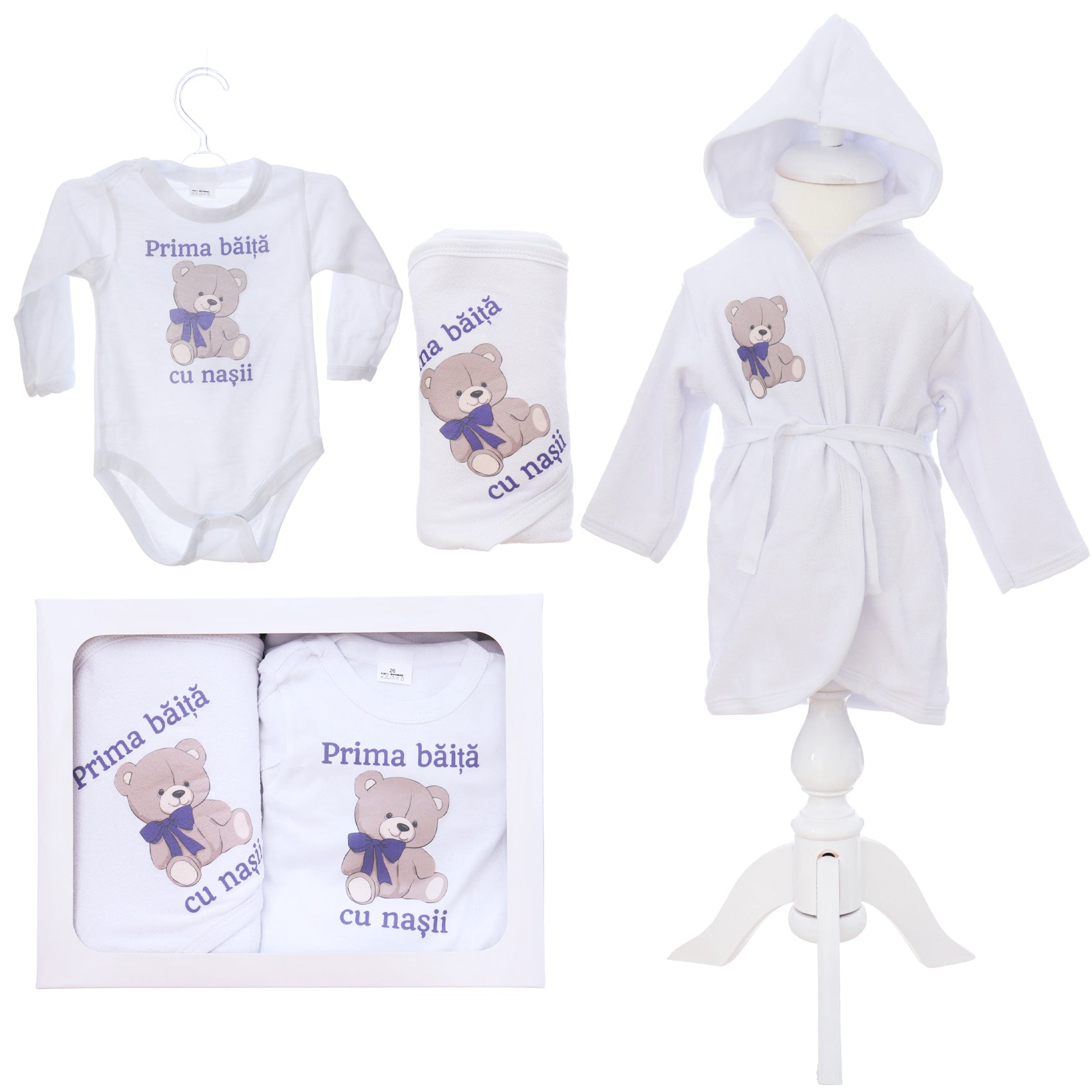 Set pentru prima baita cu nasii, halat, prosop si body, Model Tip Ursulet, REC3104