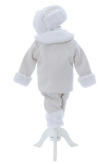 Costum alb din stofa groasa pentru botez, 5 piese, camasa, haina groasa, pantaloni, caciula, botosi, REC3051