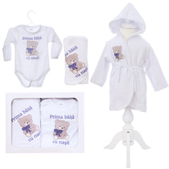 Set pentru prima baita cu nasii, halat, prosop si body, Model Tip Ursulet, REC3104