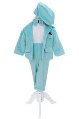Costum din catifea pentru botez, 5 piese, verde menta, REC3408